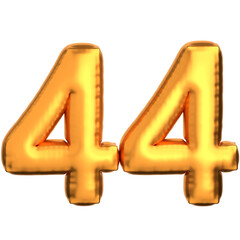 Golden, inflated numbers forty-four, isolated on a black background, conveying a celebratory and festive mood.
