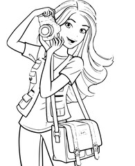 Joyful young girl photographer capturing moments with her vintage camera and stylish satchel, perfect for creative projects