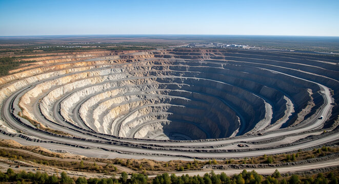 Vast open pit mine with layered terraces and winding roads under clear sky