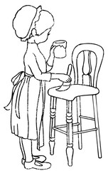 Adorable child in apron happily painting a wooden high chair with a brush and pot creating delightful artwork