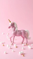 Elegant pink unicorn statuette with a golden horn and white mane, set against a monochromatic pink background with decorative pearls