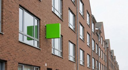 Modern Brick Building with Bright Green Signage Urban Architecture and Business Real Estate Concept