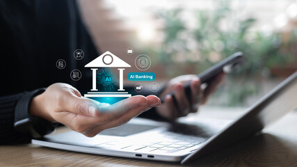 Modern AI banking concept showing digital bank icon with AI technology in hand, mobile phone, and laptop, representing smart financial services and fintech innovation.