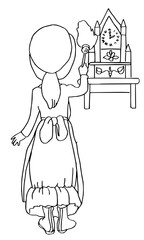 Young person meticulously dusting antique grandfather clock with feathered duster, embodying diligent household chores and historical charm
