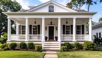 Classic White Colonial Home with Porch, Curb Appeal, and Front Facade.