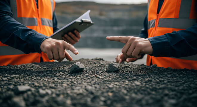 Workers in safety vests examine ore samples outdoors, planning operations
