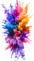 Vibrant explosion of colorful dust on a clean, white background, creating a dynamic burst of mixed hues