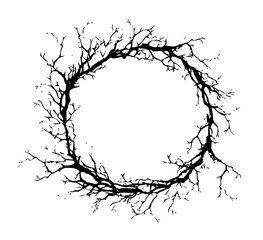 Dramatic black silhouette of bare tree branches forming an organic circular frame, perfect for spooky or autumnal designs