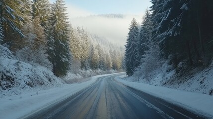 Snowy mountain road winding through frosted pines. Winter travel scenic background