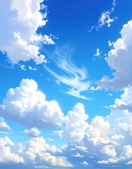 Bright blue sky with fluffy white clouds, some layered, some wispy, filling the frame. Painterly style, vibrant hues, serene