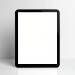 Sleek, black tablet standing on a reflective white surface, screen blank, casting soft shadow against a neutral wall