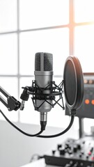 Studio setup with a silver condenser microphone and pop filter near a mixing board, window light creating soft glow