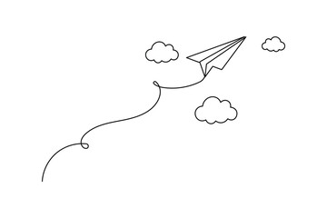 Creative continuous line illustration of paper plane flight path symbolizing travel, freedom, and communication