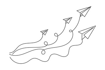 Creative continuous line illustration of paper plane flight path symbolizing travel, freedom, and communication