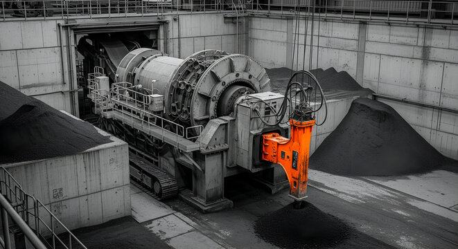Industrial heavy machinery crushing coal piles in a raw processing facility