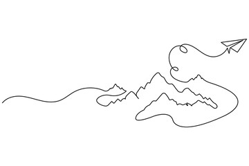 Creative continuous line illustration of paper plane flight path symbolizing travel, freedom, and communication