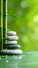 Stacked stones and bamboo, a serene scene of earthy elements against a soft, blurred verdant background. Balance & natural harmony
