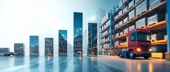 Photo realistic as Warehouse and bar chart symbolizing inventory finance in double exposure with copy space. concept as A warehouse blended with a bar chart representing inventory finance and manageme - Powered by Adobe