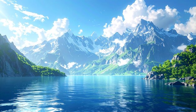 Serene mountain lake, lush greenery, snow-capped peaks