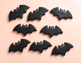 Fototapeta premium Halloween bat cookies with chocolate icing. Cute bat-shaped cookies decorated with dark chocolate icing, placed on pastel background, festive Halloween dessert.