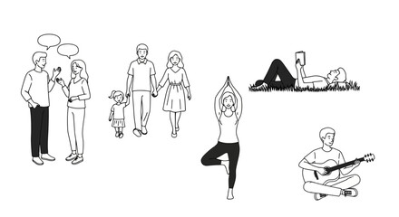 Simple Lifestyle Illustrations Depicting Communication, Family Bonds, Wellness Activities, and Leisure Pursuits for Promoting Positive and Healthy Living