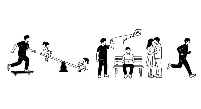 Diverse Outdoor Activities in a Public Park Illustration, showcasing family fun, sports, and leisure, perfect for urban planning, recreation, or community engagement projects