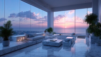 Serene Minimalist Living Room with Ocean View at Sunset Azure Sky Modern Interior Design and White Furnishings
