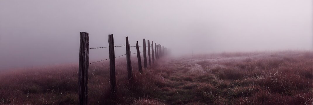 Old fence line stretching through dense burgundy fog across rural farmland