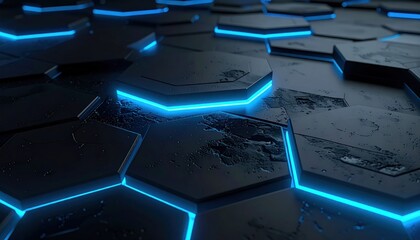 Dark geometric texture interconnected hexagon shapes with raised edges are illuminated with blue neon lights on a textured, uneven surface