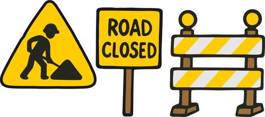 A set of construction signs include worker caution road closed and barrier markers isolated