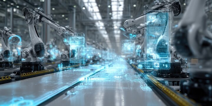 Futuristic factory with robotic arms working on production line featuring glowing hologram screens and digital data visualizations creating modern industrial technology background.