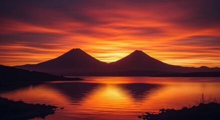 Vibrant Sunset Over Twin Volcanoes Reflected in Calm Lake Water