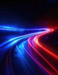 Light trails weave through a dark landscape, blues & reds blending into the night sky, suggesting speed & motion