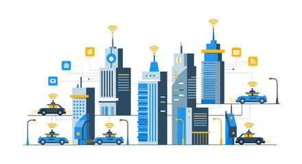 This contemporary vector illustration depicts a bustling smart city, highlighting advanced urban technology, connected vehicles, and seamless wireless communication systems.