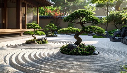 Obraz premium A Japanese zen garden with bonsai trees and raked sand, flawless realistic details