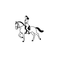 Black and white line art of a beautiful woman with perfect body riding horse elegant minimalist illustration