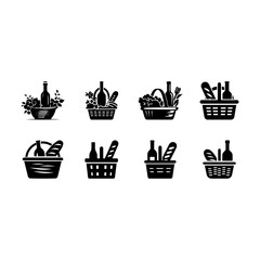 Eight monochrome illustrations of picnic baskets filled with various items like wine bottles, bread, and produce, presented in a grid pattern against a white backdrop. 