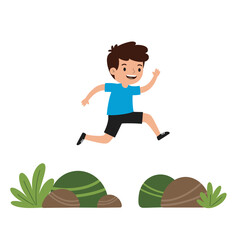Fototapeta premium Joyful cartoon boy with brown hair leaping midair in a blue shirt and black shorts.