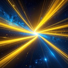 Radiant lines of gold and white light streak outwards from a central point, amidst a dark blue speckled background