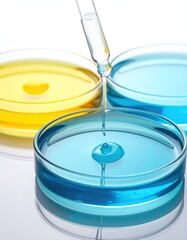Close-up shows a clear pipette dropping liquid into a petri dish filled with light blue liquid; two other petri dishes in the background