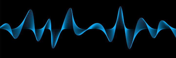Abstract blue wavy lines of the sound wave. Dynamic gradient pulsating wave. Musical neon concept, symbols of the frequency of digital music. Vector illustration on a black background
