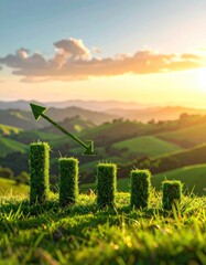 Grass-covered bar graph shows growth with an upward arrow, set against a beautiful rolling green hills landscape at sunset