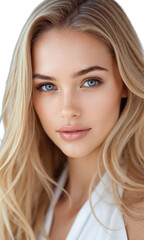 Naklejka premium Woman Beauty Portrait Blonde hair blue eyes white background looking camera natural smile healthy skin