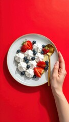 A hand holds a plate of meringue nests topped with strawberries and blueberries, illuminated by strong overhead light, against a vibrant red surface