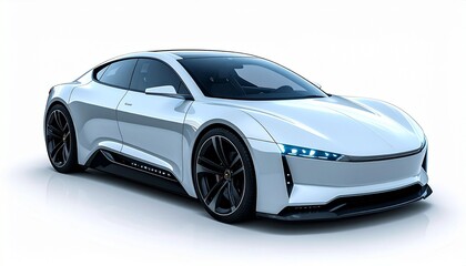 Naklejka premium Futuristic white sports car with angular lines flush camera mirrors black alloy wheels minimalist grille and LED headlights for electric vehicle innovation and automotive lifestyle visuals