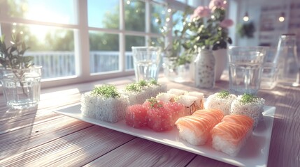 Elegant Sushi Platter Set on Rustic Wooden Table with Floral Centerpiece under Bright Window Light