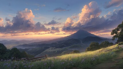 A picturesque vista of rolling hills at sunset.