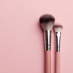 Two elegant pink makeup brushes with silver ferrules on a soft pastel pink background