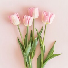 Fototapeta premium Soft pink tulips arrangement delicate spring flowers on a pale background