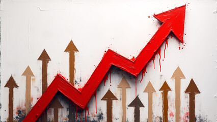 A bold red upward arrow graph dominates the image, symbolizing growth and progress. creating a sense of collective movement towards success